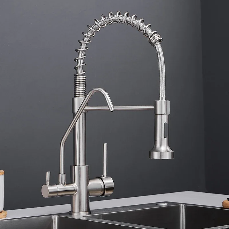 

Nickel Spring Pull Down Kitchen Faucet Dual Spouts 360 Swivel Handheld Shower Mixer Crane Hot Cold 2 Outlet Spring Taps