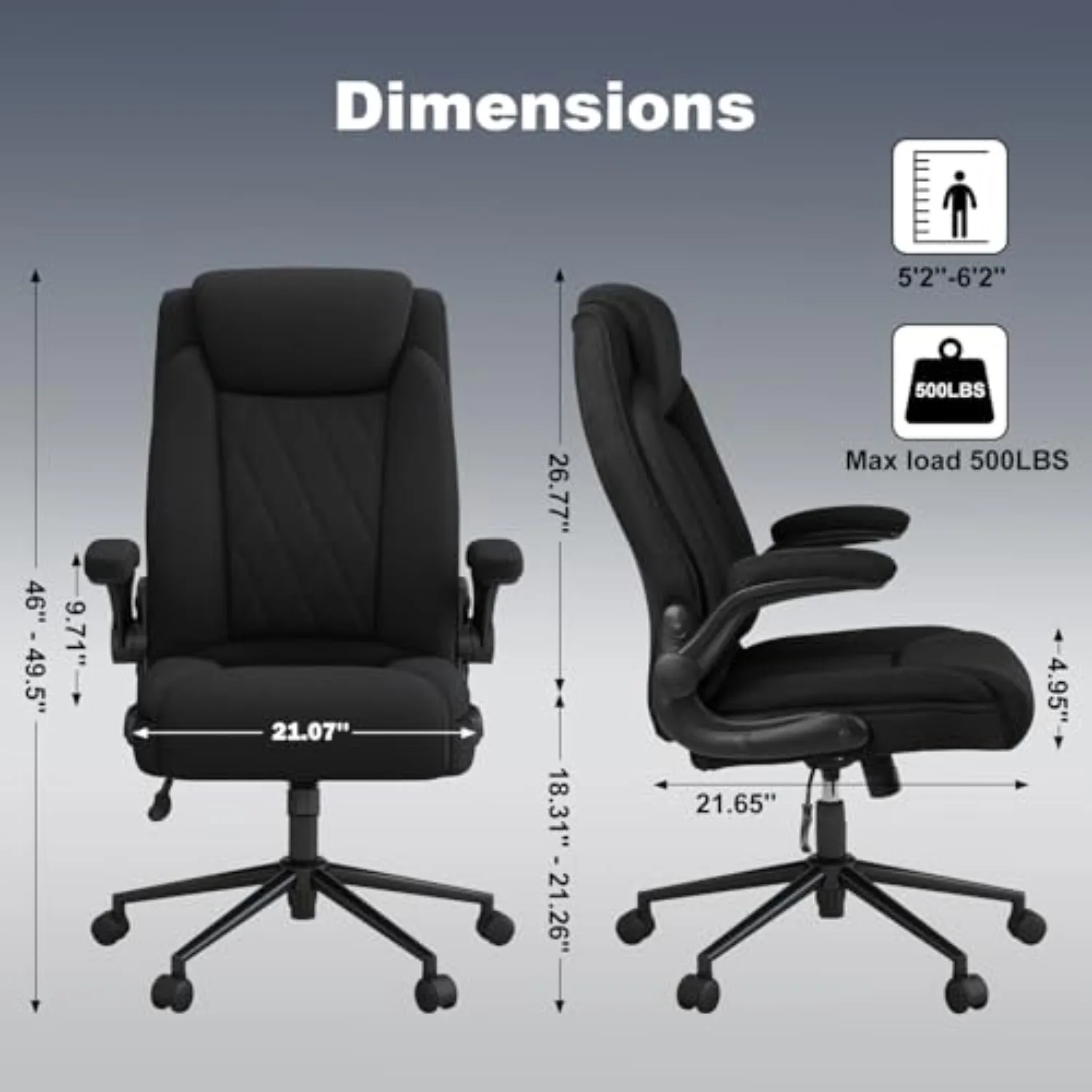 Big and Tall Fabric Office Chair 500lbs with Flip Up Arms | High Back Office Desk Chair with 120° Tilt Rock,Computer
