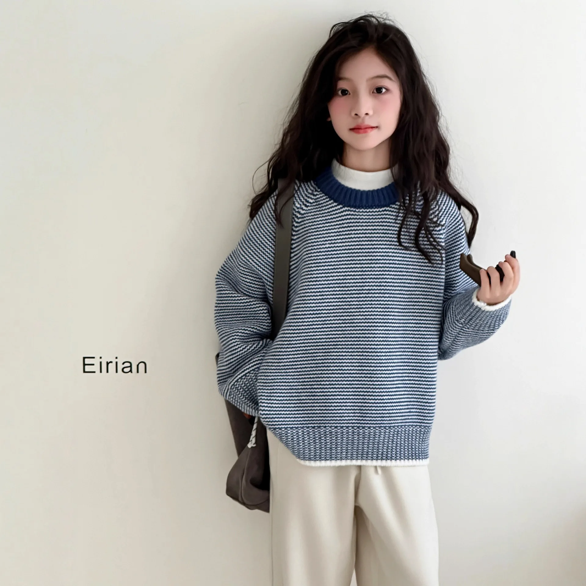 سترة مخططة باللون الأزرق للفتيات في الربيع والخريف والشتاء، سترة علوية كورية جديدة متباينة الألوان #6