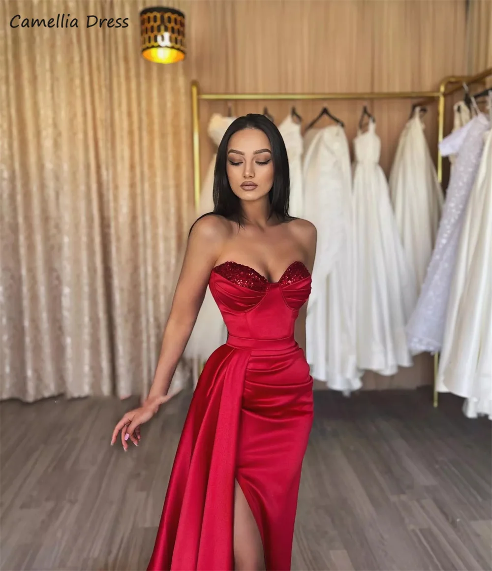 Vestido de noche de sirena roja elegante con hombros descubiertos, vestido de fiesta de celebridades con abertura lateral, vestido Formal plisado de