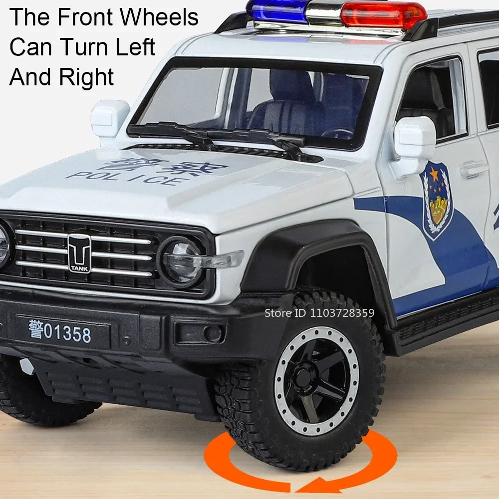 1:24 tanque 300 modelo de carro de polícia brinquedos em miniatura liga diecast som luz portas abertas puxar para trás absorção de choque para crianças presentes