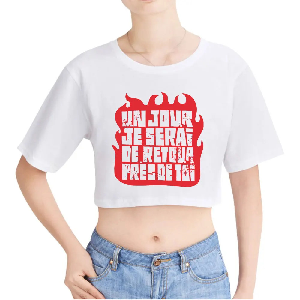 Disco Elysium Un Jour Je Serai De Retour Pres de toi Vintage 90s Crop Top Exposed Navel T-Shirt Oversize O-Neck Tops Women Top