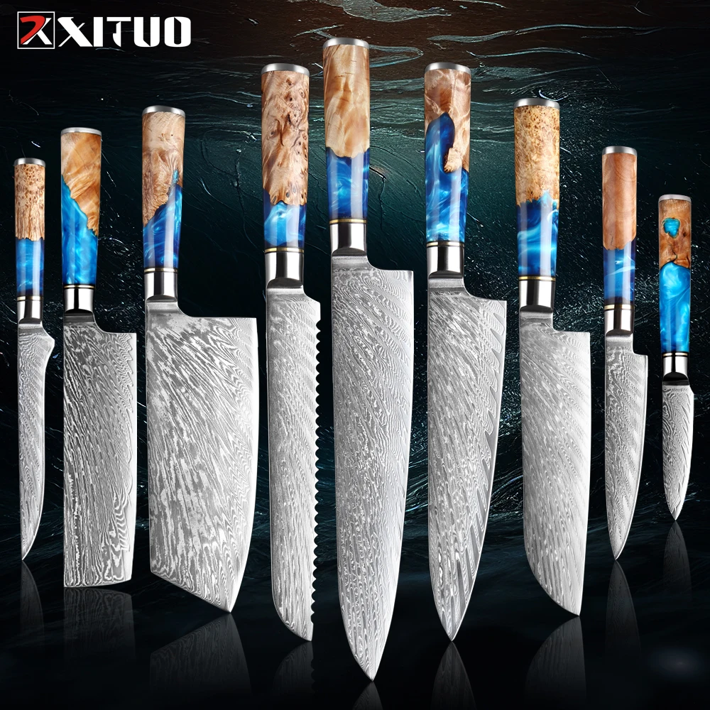 Classic Damascus Kitchen Knife Set 1-9Piece 67-Layer Japanese VG10 Steel Chef\'s Cleaver Knife Bread Santoku Boning Knife & More