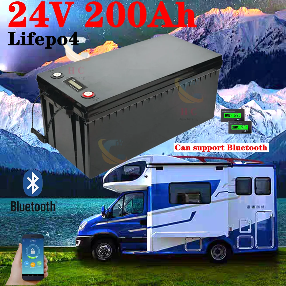 

24V 200AH lifepo4 lithium Battery with bluetooth BMS APP for 2000W Inverter Solar RV golf cart backup power + 10A Charger