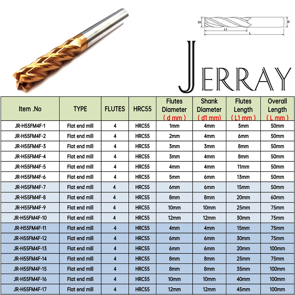 JERRAY HRC55 4 المزامير D1 2 34 5 6 8 10 12 مللي متر كربيد التنغستن مربع نهاية مسطحة المطاحن دوامة بت CNC راوتر بت