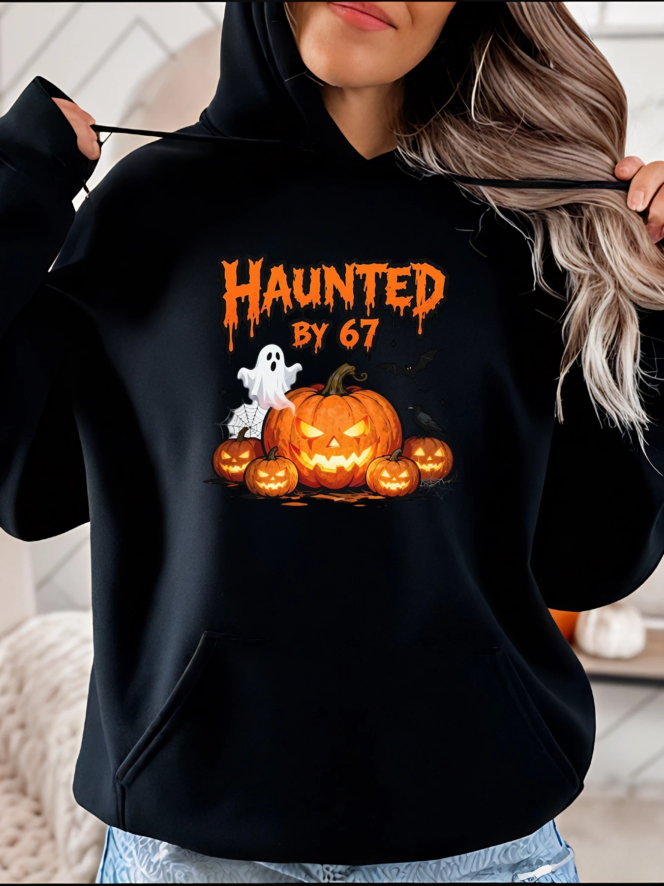 

Haunted by 67 Halloween Pumpkin Ghost Print Hoodie Women's Casual Autumn Winter Sweatshirt for Women