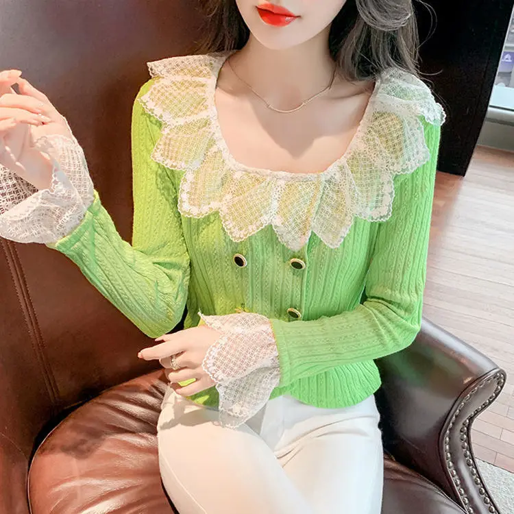 

Women Tops Y2k Korean Lace Chiffon Flare Sleeve Spring Autumn Sweet Full Solid O-Neck Tees Shirts for Women