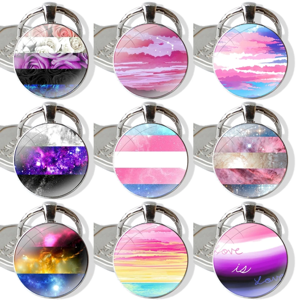 Keychain Handmade Glass Cabochon Key Ring Holder Pendant Key Chains Genderfluid Pride Flag Galaxy