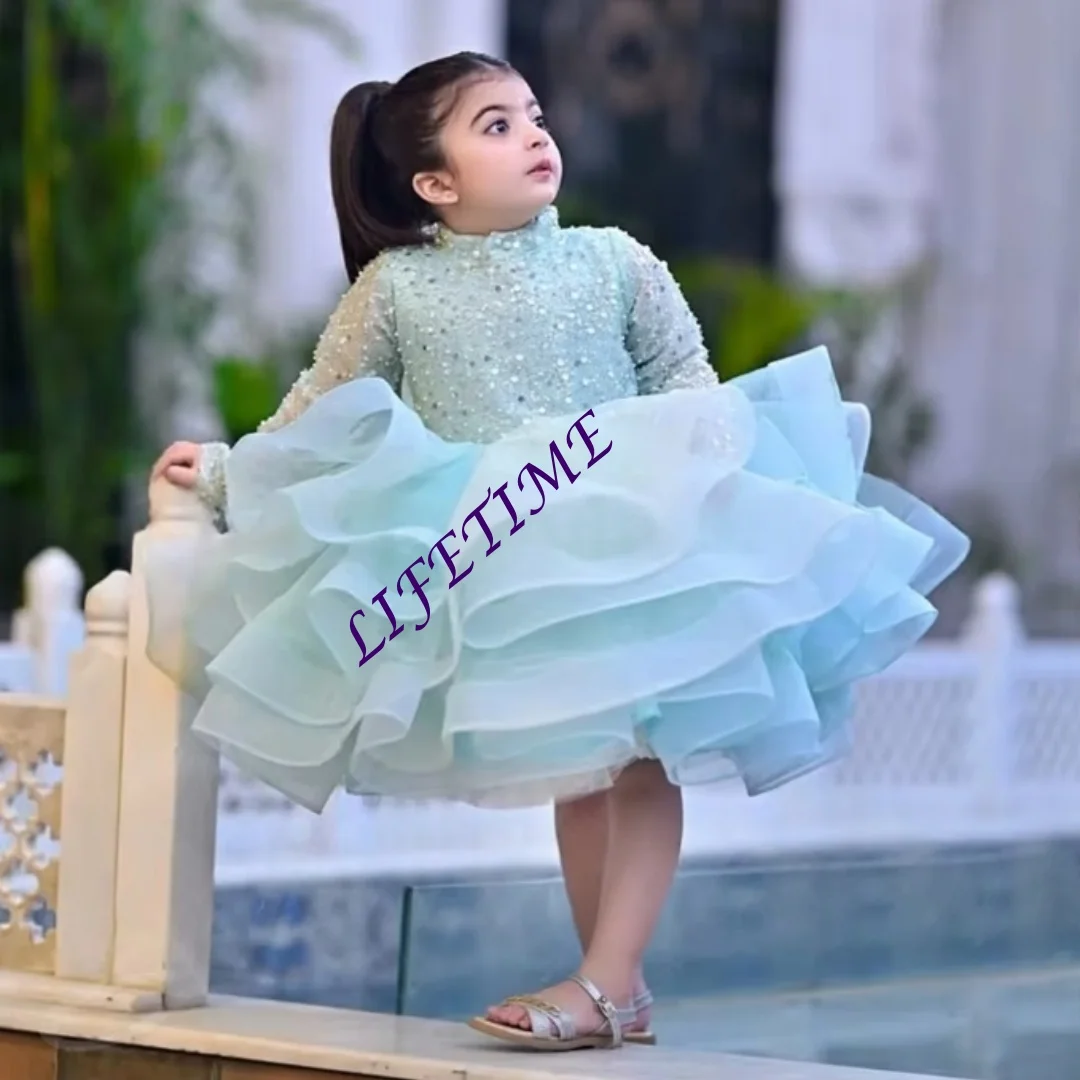 Personalizado adorável brilhante lantejoulas vestido da menina de flor para o casamento alta pescoço mangas compridas puff babados na altura do joelho vestidos meninas birt