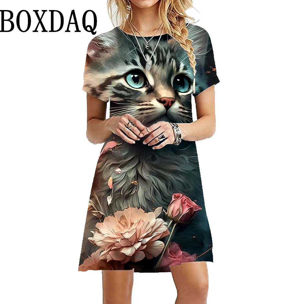 Women's Fashion Kawaii Dress Street Hipster Cat 3D Printed Pattern Dress Summer Loose Casual Cute Round Neck Short Sleeve Dress