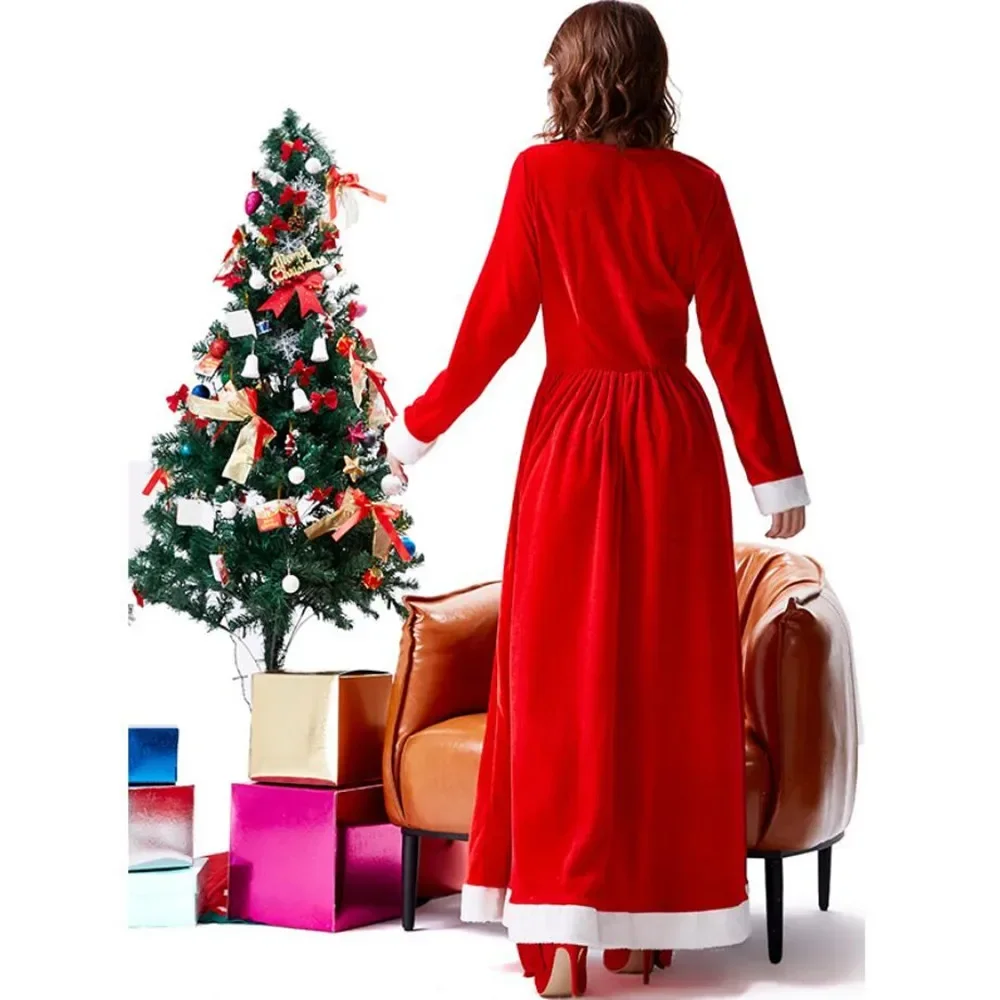 Langes Weihnachtsmann-Kleid für Damen mit Kapuzenumhang, rotes Samtkostüm mit pelzigem Besatz, ideal für Urlaubsparty, Cosplay