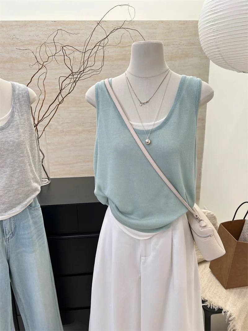 

Шикарный женский жилет в стиле колор-блок, летняя верхняя одежда, топ без рукавов, корейский стиль, модный дизайн с круглым вырезом, имитация двухслойности