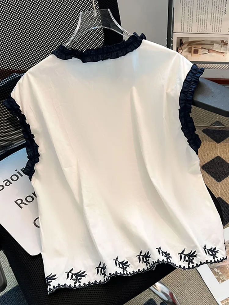 صيف فضفاض Svel مطرز كشكش هيم لصق اللون بلو الذاتي مفتاح Sle المرأة irt الكورية Sle جولة Ne #5