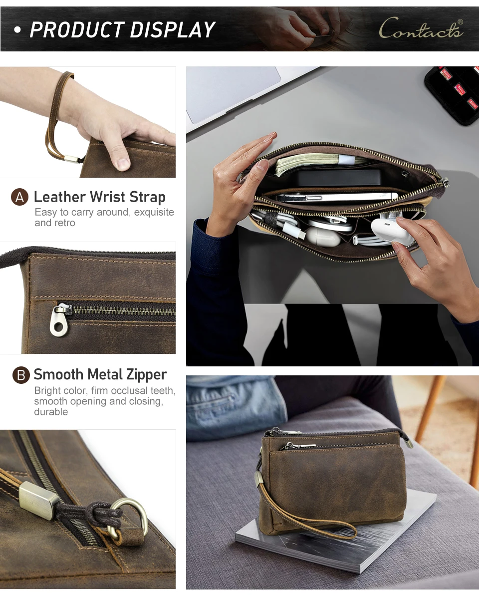 Rindsleder Herren Clutch Taschen Echtes Leder Männer Business Reise Handtaschen Große Kapazität Kabel Organizer Clutch Geldbörse Vintage Stil – Detail 11