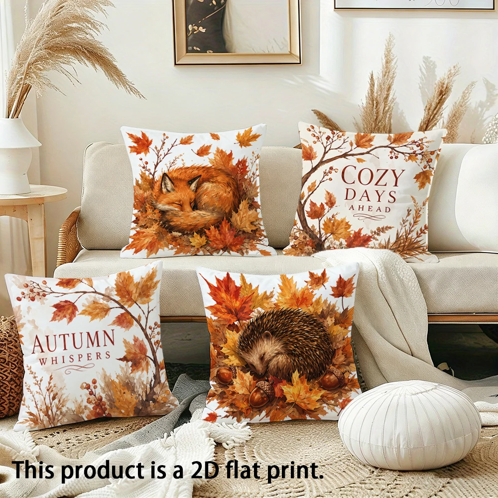 1pc Autumn Cozy Throw Pillow Covers, Fox Hedgehog Watercolor Fall Cushion Cases for Home Decor