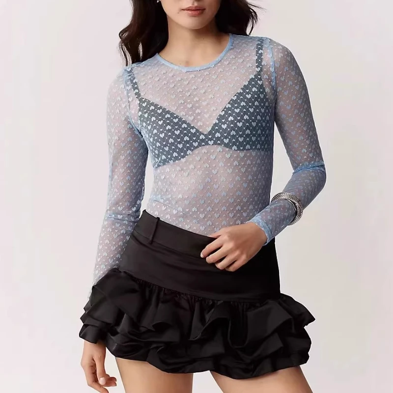 

2026 New Ladies Round Neck Long Sleeve Spot Dot Slim Blouse Sheer Mesh T Shirt Sexy Y2K Female Woman Tops Sexy Summer Spring