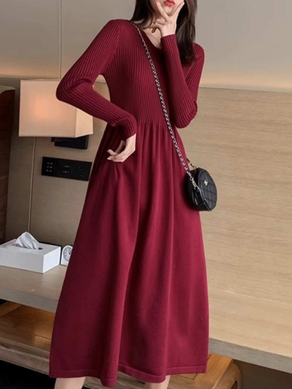 V-Ne Knitted Dr Women's Spring New Slimming Knee-Length Midi Skirt A-Line Sve Long Dr U-Ne 3D Effect Ins Sle