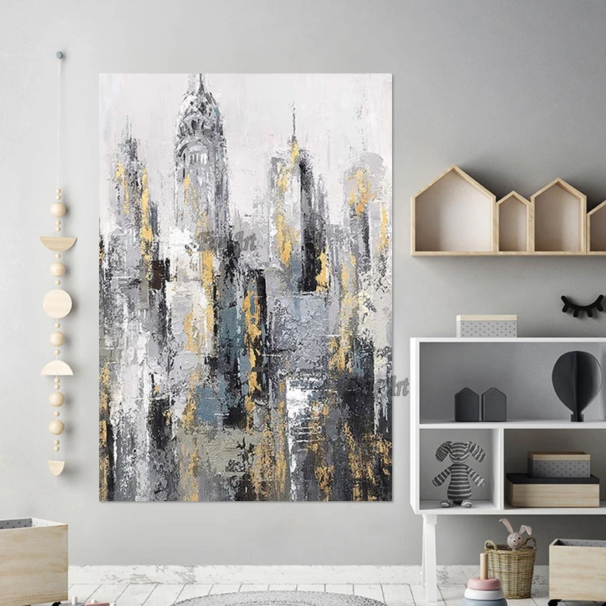 

Landscape Building Painting Canvas Art Modern Abstract Gold Foil Design Unframed Large Size Living Room Pictures For Walls