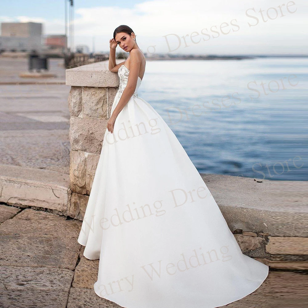 Boho Simple Stain Strapless Wedding Dresses Graceful A-Line Beading Bride Gowns Vintage Sleeveless Vestido De Novias For Women