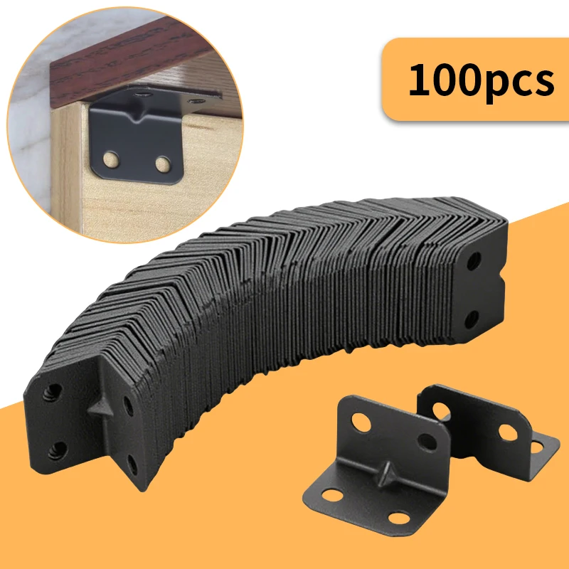 100pcs Black Corner Codes, 4-Hole Fixed Corner Brackets, Right Angle Fasteners, for Tables, Chairs, Cabinets, Shelves