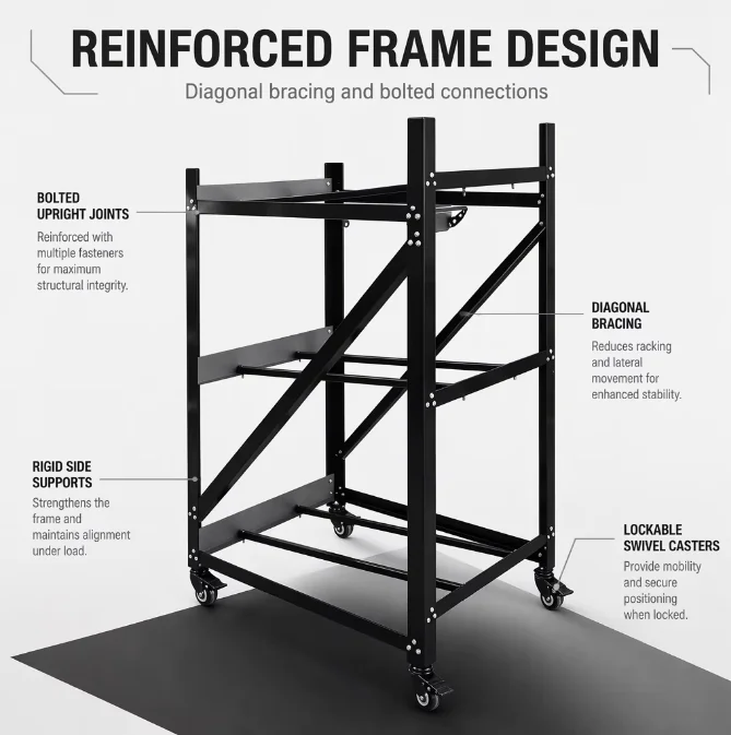 a forMobile Industrial Metal Storage Rack With Lockable Casters, Heavy Duty Rolling Workshop Equipment Stand, Custom Size Powder