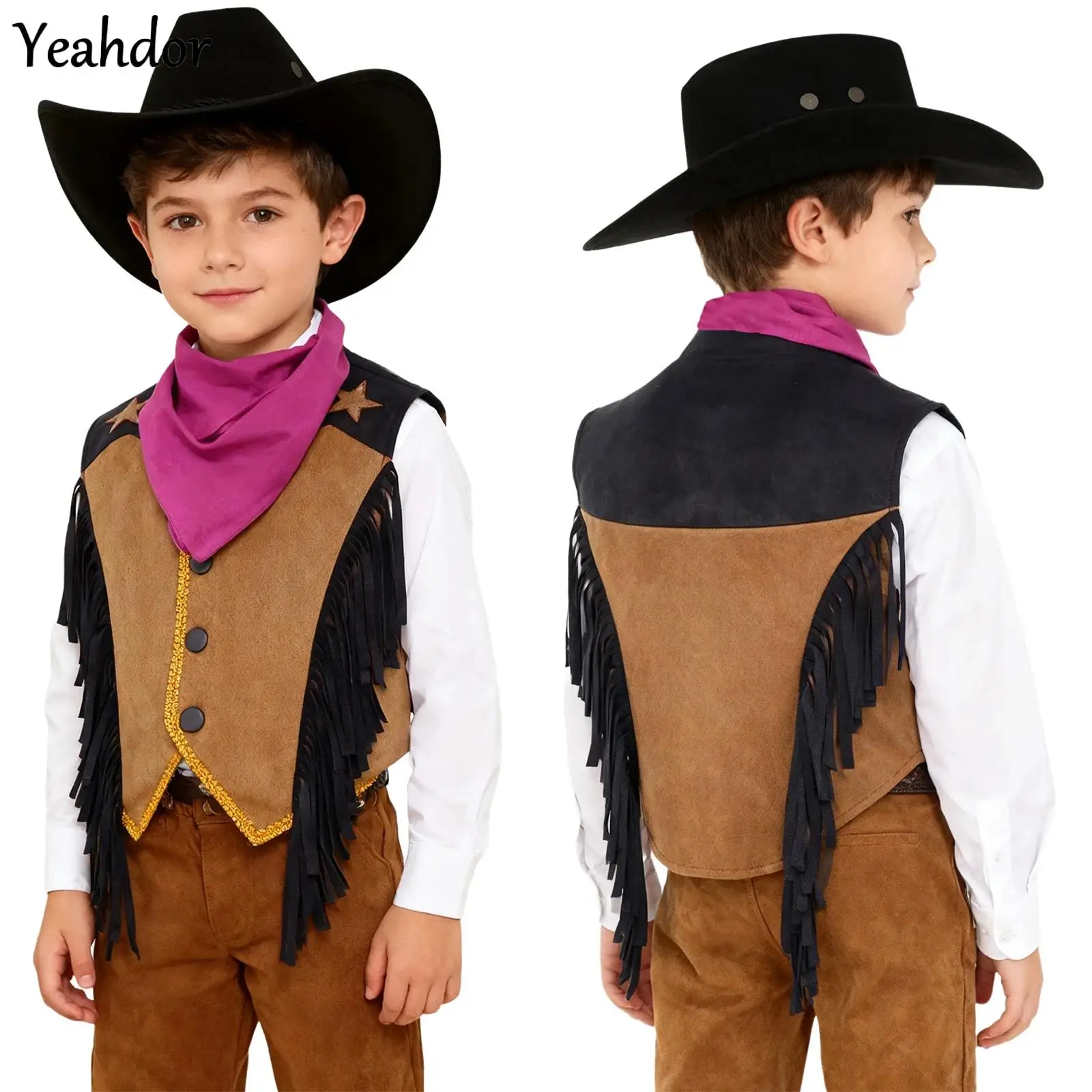 

Boys Girls Cowboy Tassels Waistcoat Fringed Vest Jacket with Hat Bandana Western Cowboy Costume Set Halloween Rave Party Clothes