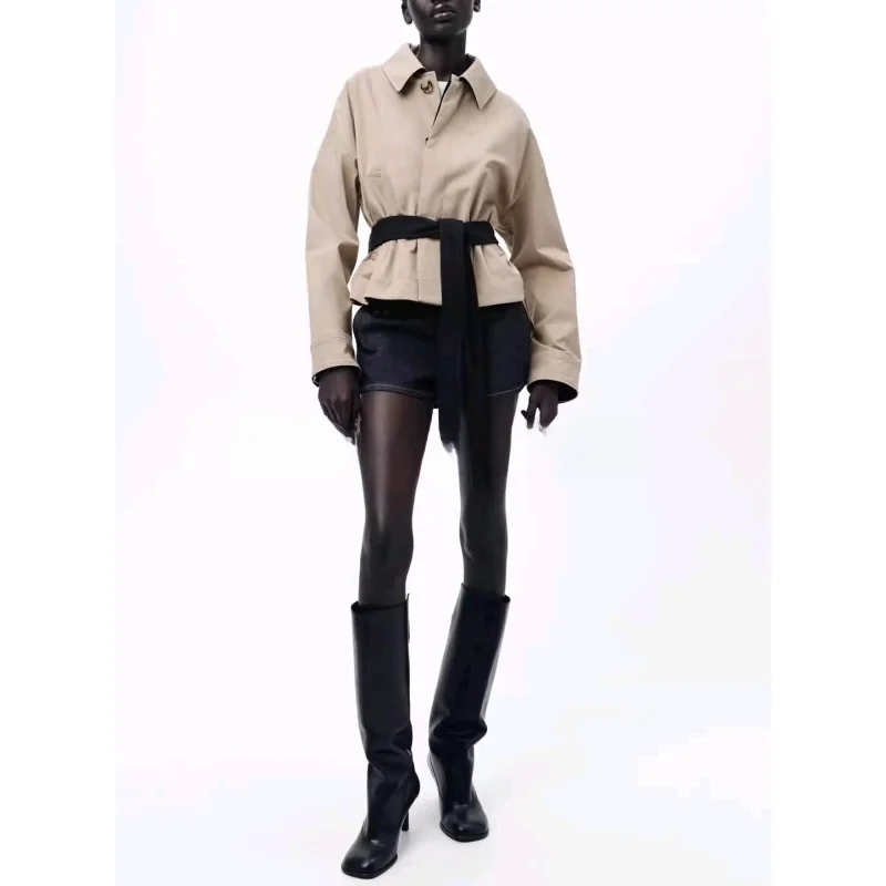 

New Autumn ort Svel Ne Jaet Women's Commuter Sle Long Sve ort Coat with Belt Color Colion Design