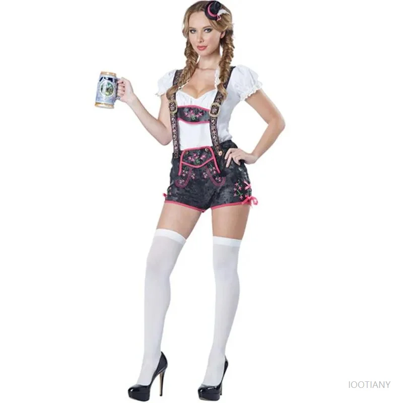 

German Munich Oktoberfest Beer Girl Leather Pants Bodysuit Bavarian Traditional Party Beer Maid Waitress Role Play Costume Suits