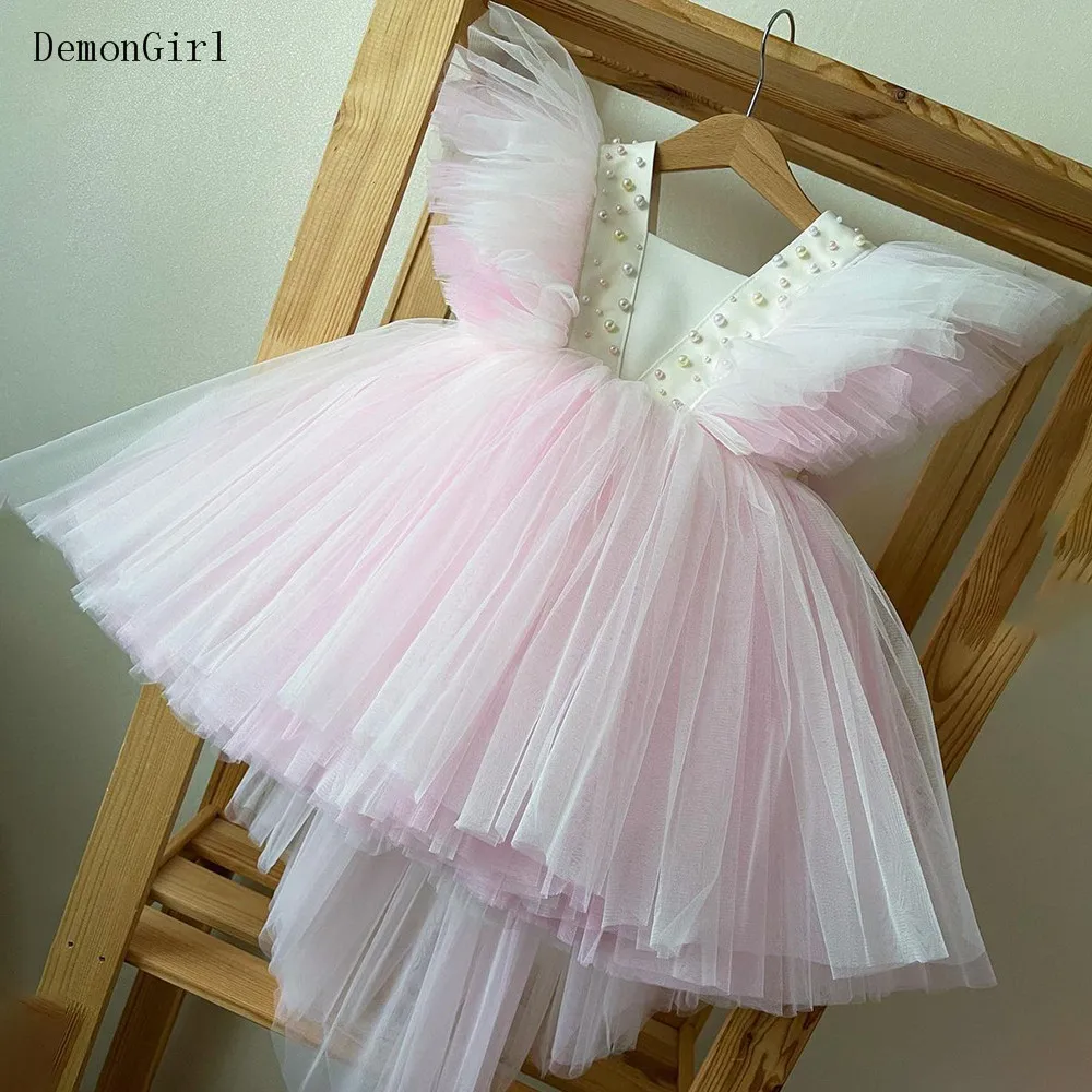 Purple Tulle Hi Low Style Kids Flower Girl Dresses Puffy Sleeves First Communion Dresses Girl Birthday Party Gown