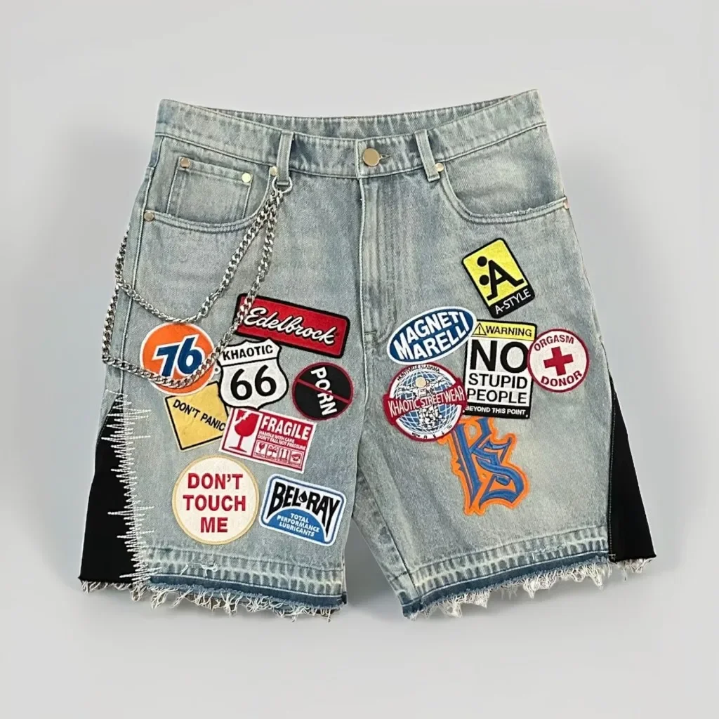 Vintage camouflage broderie Patch Denim court Y2K jean hommes femmes Hip Hop dessin animé graphiques Streetwear ample Denim Shorts décontracté és