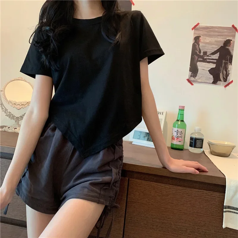 Slit Bandage V Neck Sexy Crop Top Women Korean Casual Summer New Short Sleeve T-shirt Y2K Streetwear Trendy Top for Women
