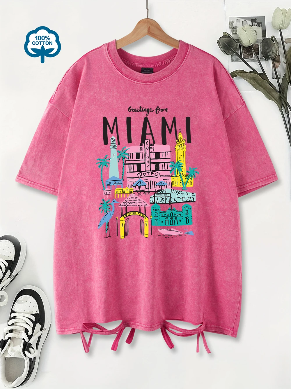 100% Cotton Washed T-Shirt Women Oversized Greetings From Miami Prints T Shirt O-Neck Distressed Holes Tops Summer Woman Clothes