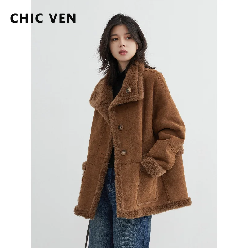 CHIC VEN New Women Jackets Single-breasted Solid Loose Casual Mid Length Retro Female Suede Coat Inner Wool Autumn Winter 2026