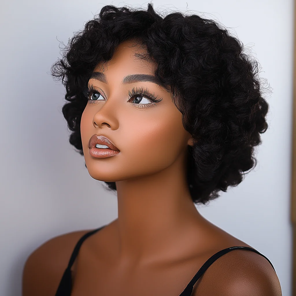 Sleek Short Human Hair Wigs For Women Deep Wave Curly Pixie Cut Bob Wigs 100% Real Ready To Wear Natural Black Curly Wigs