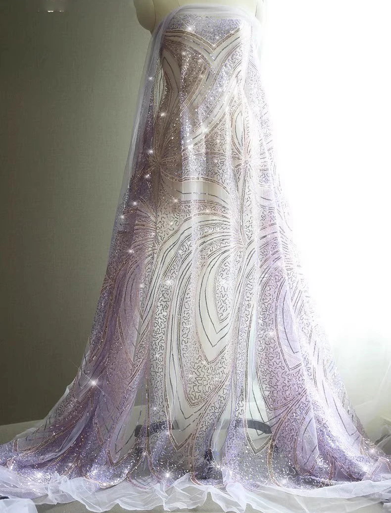 

1yard new soft mesh fabrics for clothing Purple 3D red nail bead embroidery telas Wedding Dress cheongsam fabric