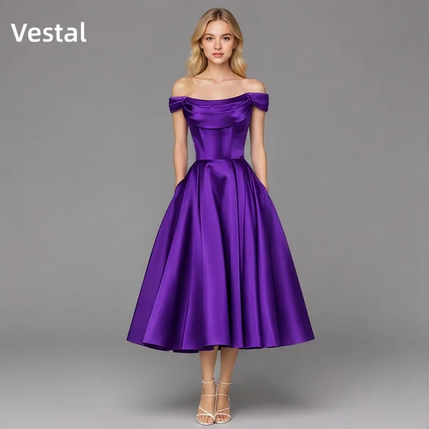 

Purple Off Shoulder Satin Tea Length Prom Dress with Pockets Formal Evening Gown for Women Wedding Guest Party Customized