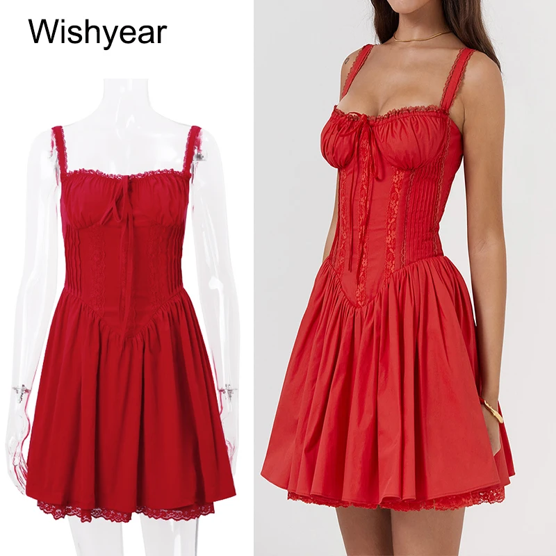 Wishyear Kant Patchwork Strandvakantie Rode Korte Jurk Vrouwen Sexy Spaghetti Grote Schommel Backless Bandage Party Club Kleding