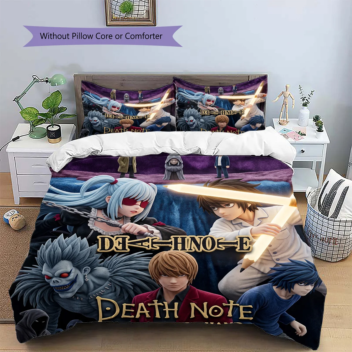 Death Note Patterned Pillowcase & Duvet Cover Set Anime Style Bedroom Decor Great Gift for Enthusiasts YUN6518