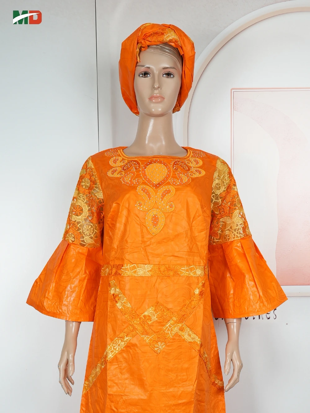 MD الأفريقية التقليدية حجم كبير للنساء دبي تركيا المطرزة البرتقال بازان الثراء فستان الدانتيل حفل زفاف ثوب الجلابة