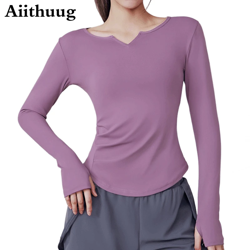 Aiithuug Sexy V-Neck Side Ruched Yoga Top with Thumbholes Women's Slim Fit Breathable Long Sleeve Top Dancing Pilates Sportswear