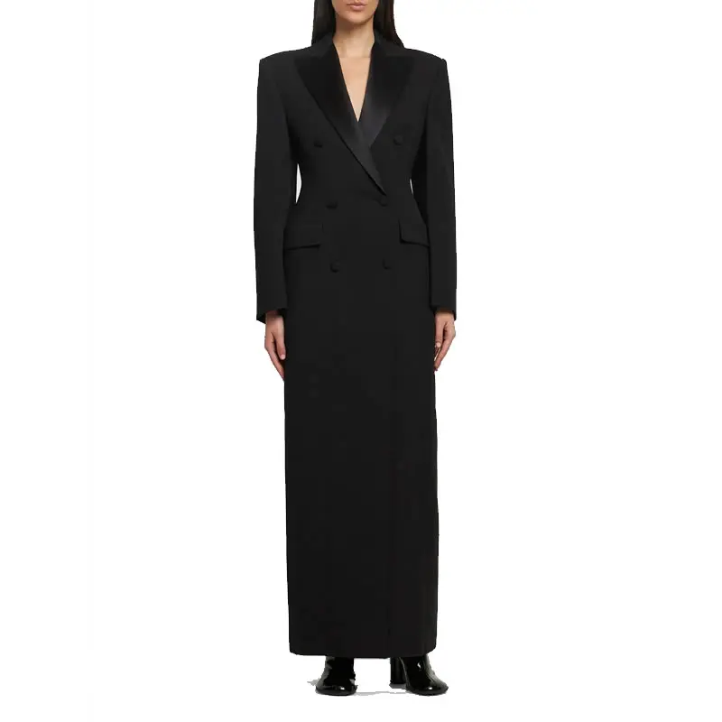 Spring Black Solid Women Trench Coat Fashion Notched Double Breasted Long Coat