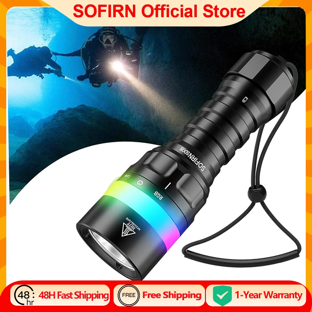 Sofirn SD08 3200lm Range 385m Diving Flashlight Powerful Rechargeable 21700 Underwater Deep Flashlight with 360° RGB Indicator