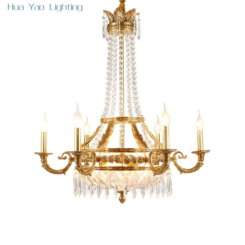 French Luxury Home Lighting Fixtures Antique Romantic Crystal Full Copper Chandelier
