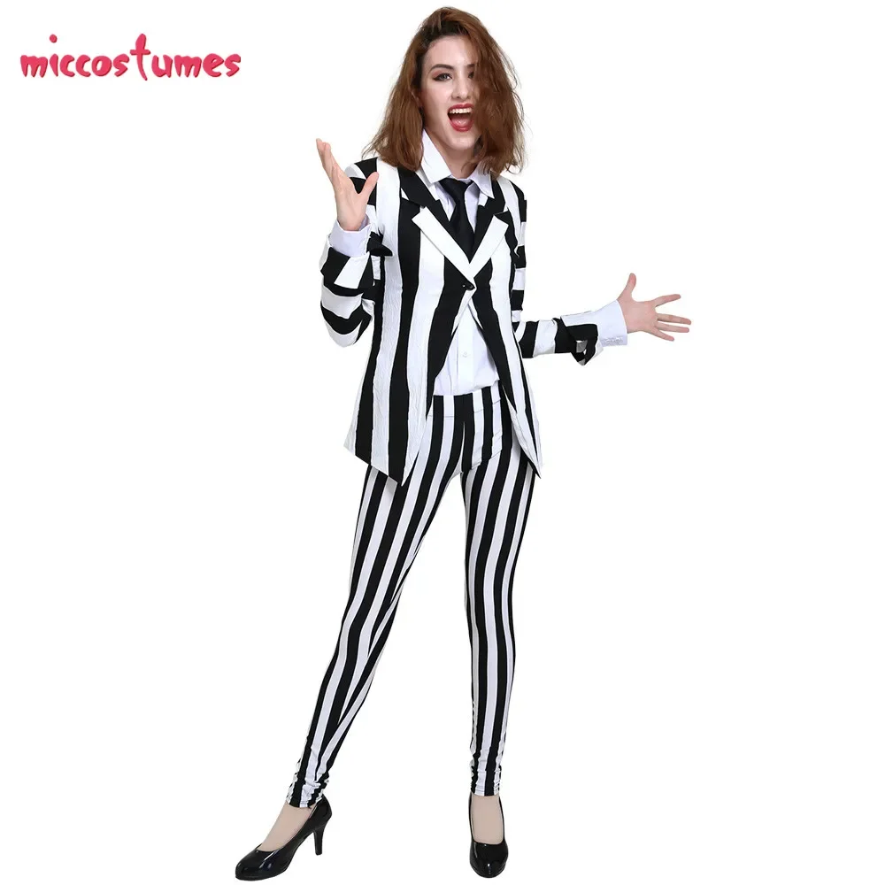 Miccostumes Female Black and White Vertical Stripes Jacket Suit Costume with Tie for women cosplay costume