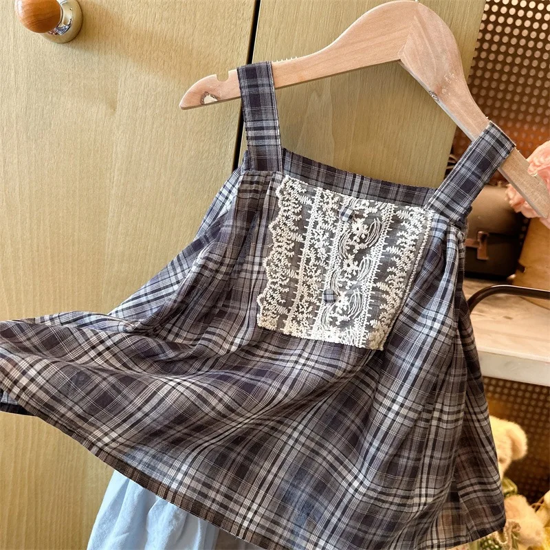 2026 Summer New Girls' Retro Black and White Checkered Double Thin Shoulder Strap Lace Patchwork Lotus Leaf Loose Vest Skirt