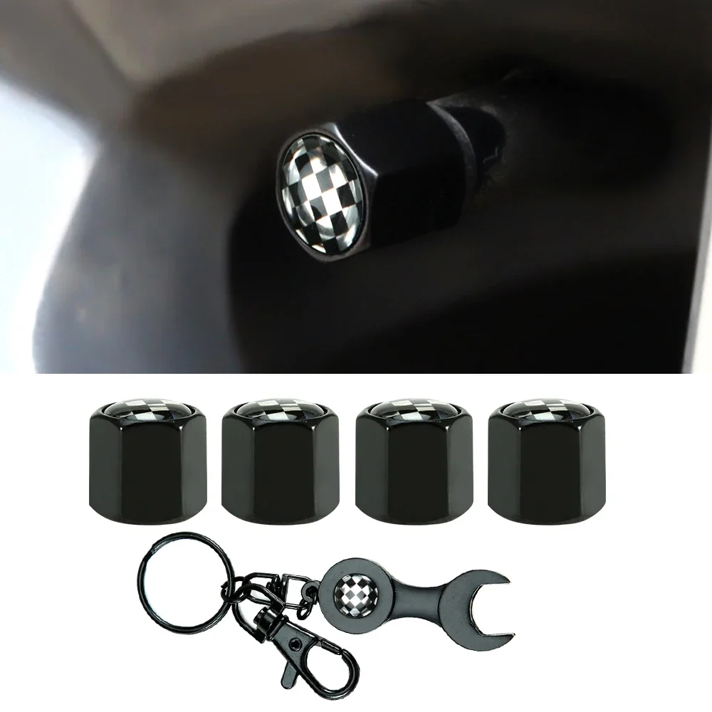 5Pcs Black/White Check Style Zinc Alloy Anti-Theft Car Wheel Tire Valve Cap Stem with Wrench Keychain Ring Spanner Accessories