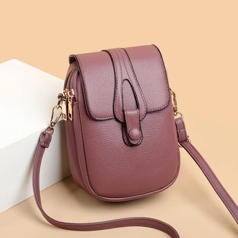 PU Leather Textured Women Bag Mobile Phone Bag 2023 New  Shoulder Messenger Bag Fashion All-Match Middle-Aged