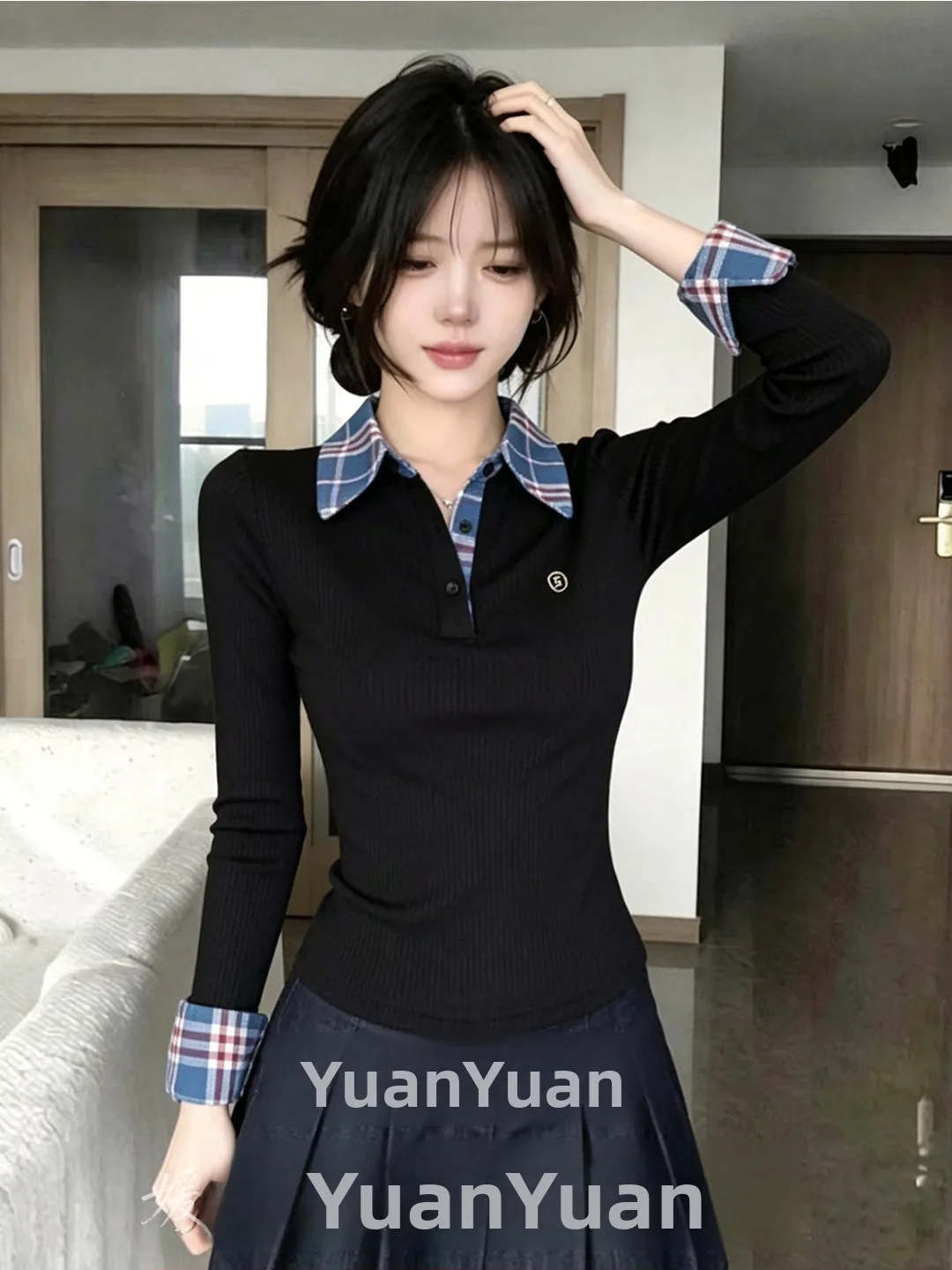 Slim Fit  Neck T-Shirt Plaid False Two-Piece Long Sleeve Autumn New Style Sexy Girl Inner Wear Top Breathable Skin-Friendly