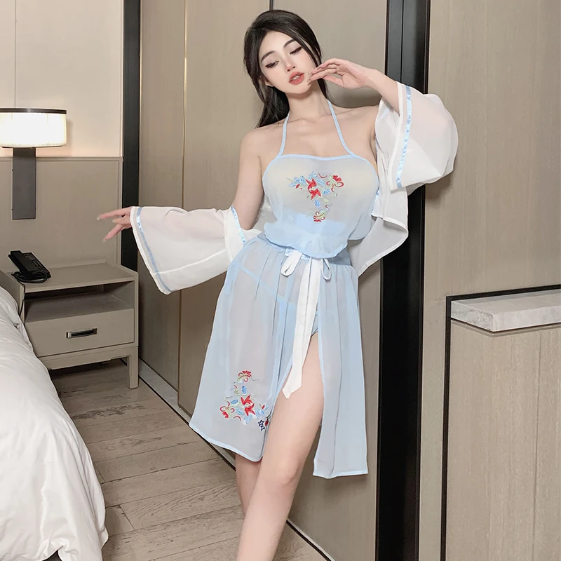 Sexy Chinese Traditional Style Skirt Lingerie Set Embroidery See-through Robe Hanfu Nightdress Cosplay Women Fairy Sleepwear New