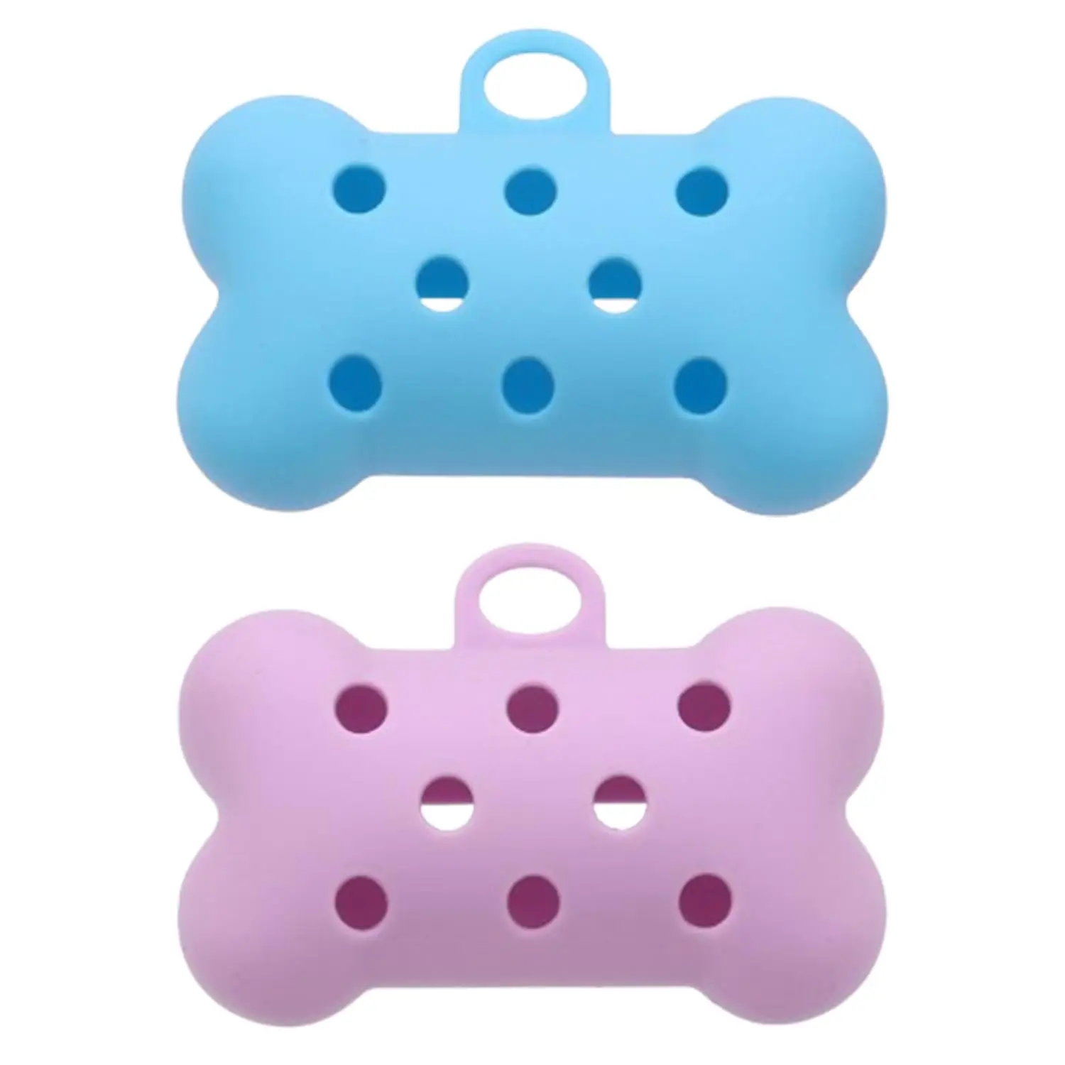 Paquete de 2 soportes para bolsas de excrementos de perro, dispensador de bolsas de basura colgante ligero de silicona en forma de hueso para correa de perro, azul claro y morado claro